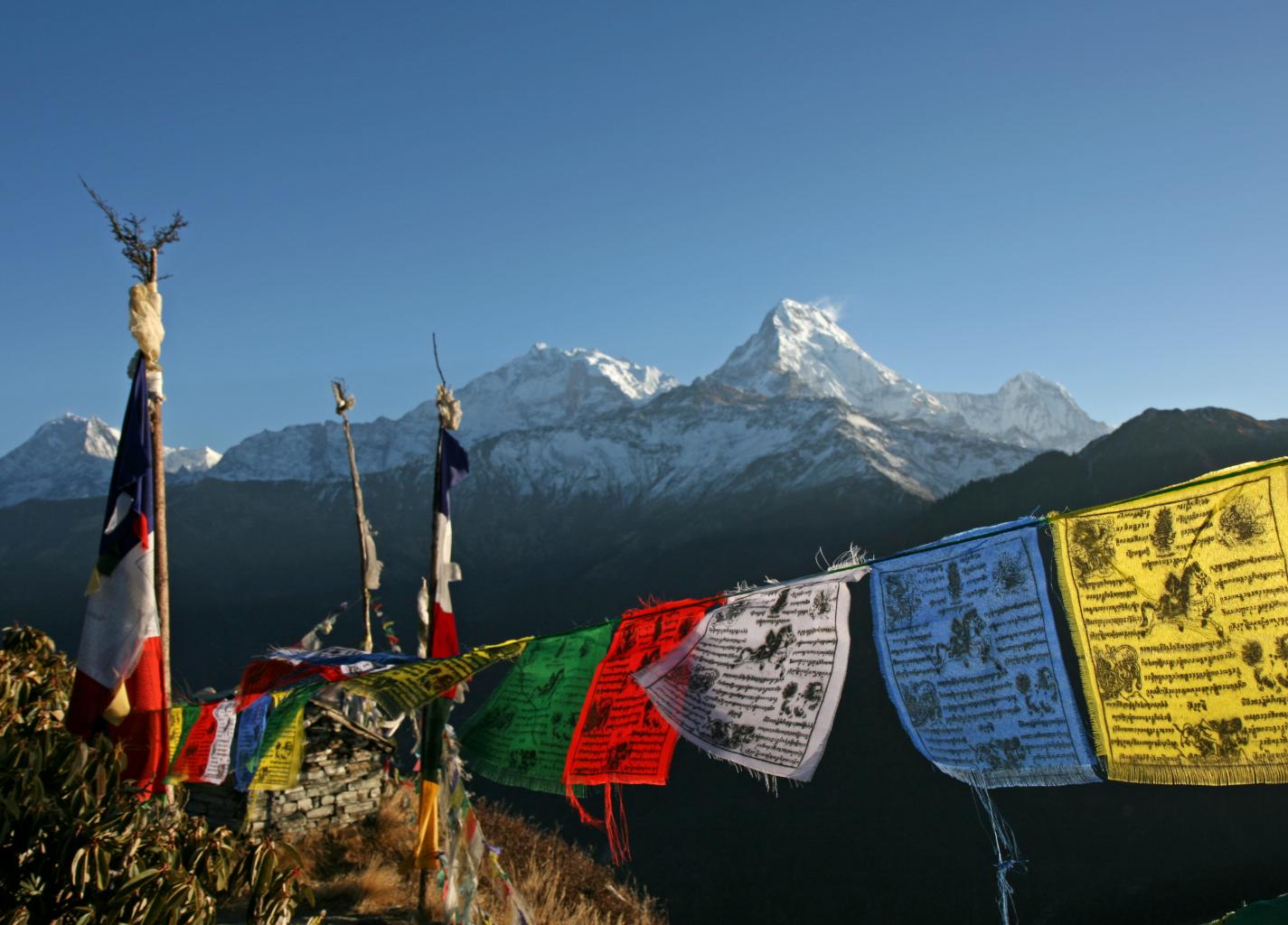 Tibetan prayer flags and the Annapurna Mountains, Tibet